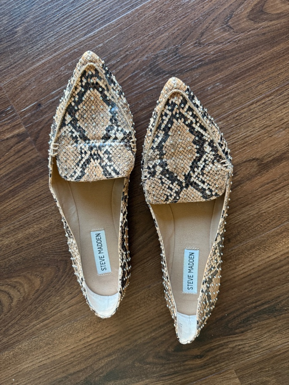 Steve Madden Snake-Print Pointed Toe Flats in Beige and Black